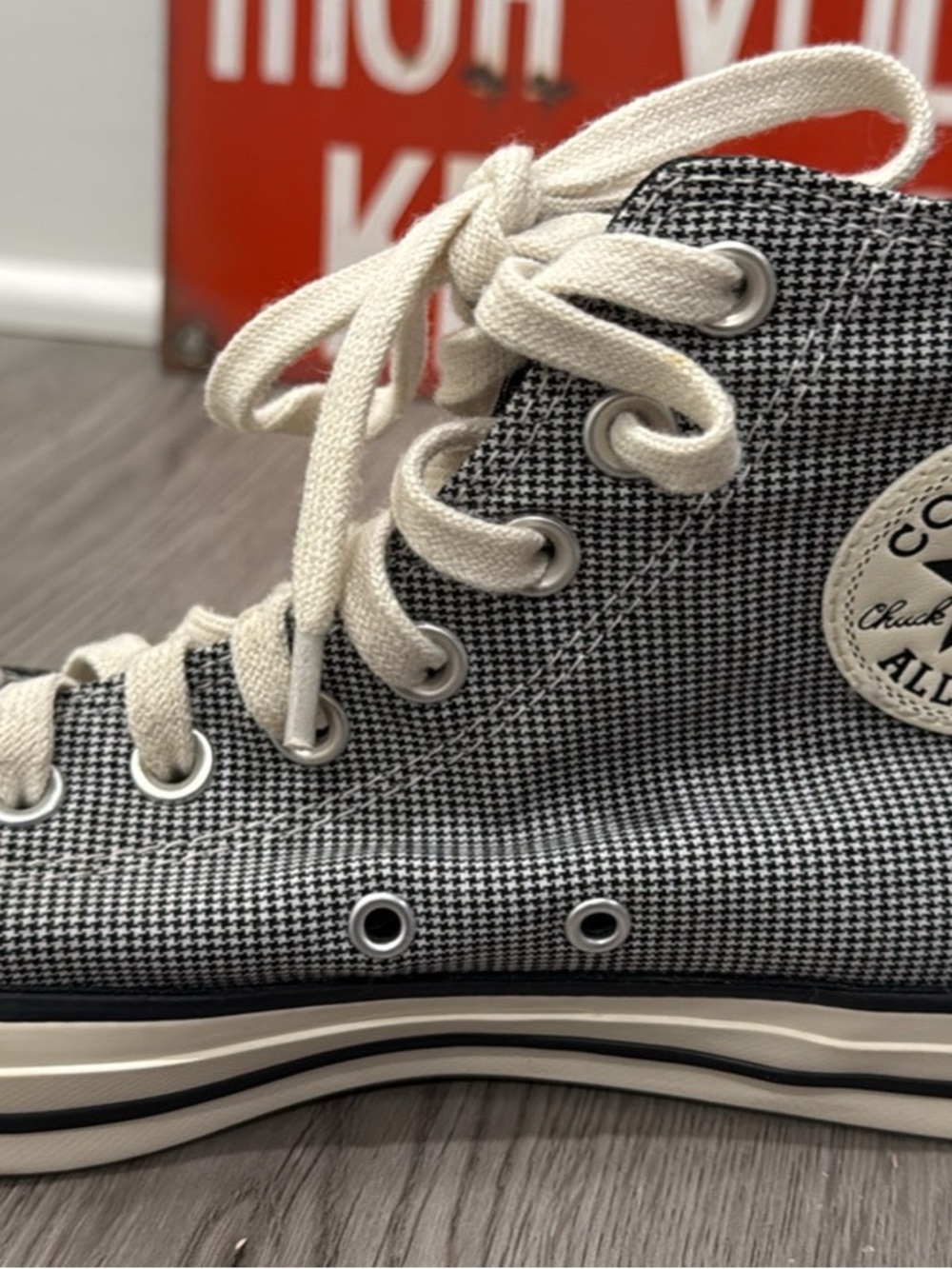 Converse Plaid & Houndstooth High Top Sneakers - Black, White, Pink - Picture 4 of 9